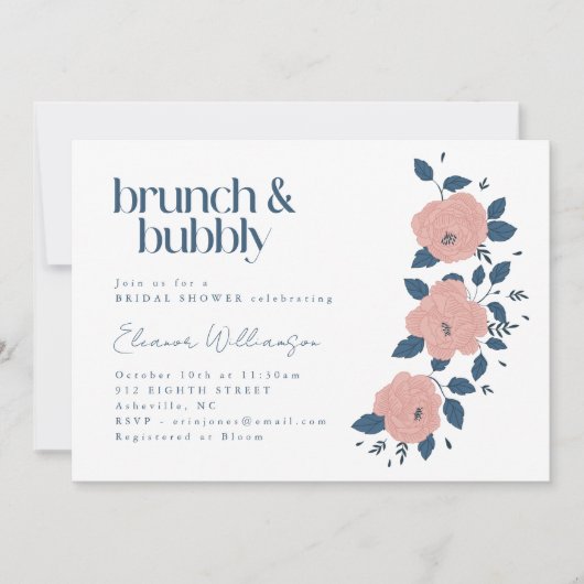 ネイビーピンクのガーデンフラワーブランチの泡立つシャワー 招待状 (正面)