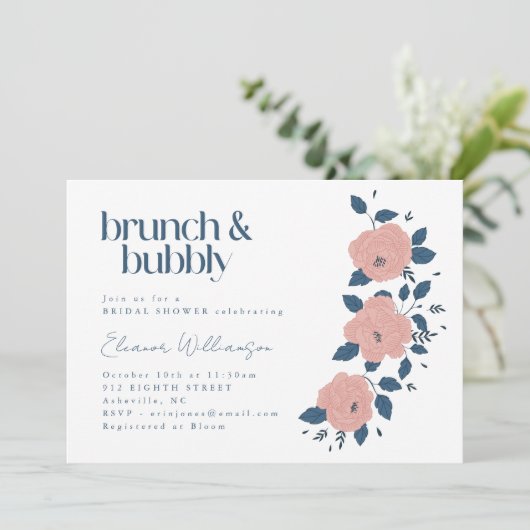 ネイビーピンクのガーデンフラワーブランチの泡立つシャワー 招待状 (スタンド正面)