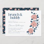 ネイビーピンクのガーデンフラワーブランチの泡立つシャワー 招待状 (正面/裏面)