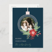 ネイビーピンクのクリスマスオーナメント写真ポインセチア シーズンポストカード (正面/裏面)