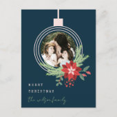 ネイビーピンクのクリスマスオーナメント写真ポインセチア シーズンポストカード (正面)