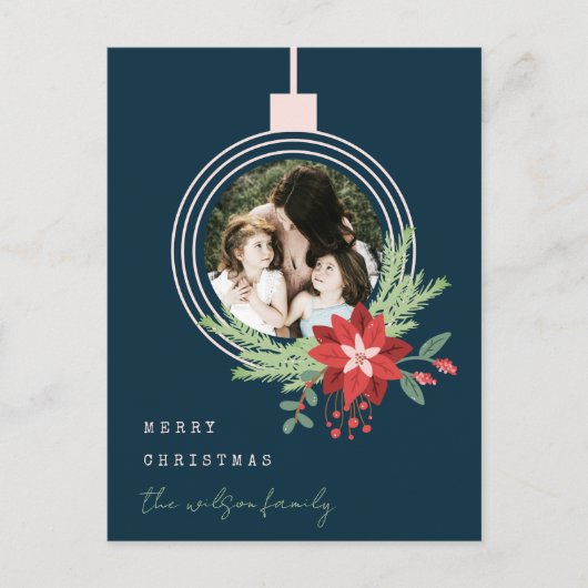 ネイビーピンクのクリスマスオーナメント写真ポインセチア シーズンポストカード (正面)