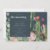 ネイビーピンクのフローラの後の朝結婚のサボテン 招待状 (正面)