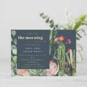 ネイビーピンクのフローラの後の朝結婚のサボテン 招待状 (スタンド正面)