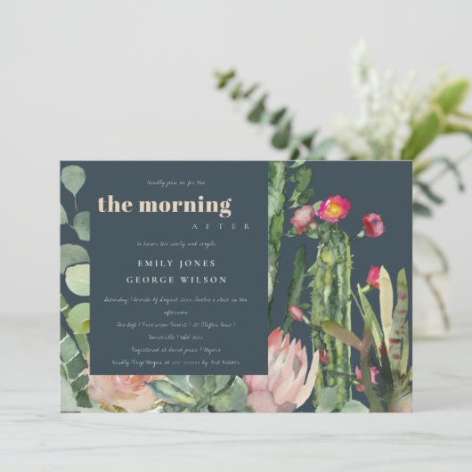 ネイビーピンクのフローラの後の朝結婚のサボテン 招待状 (スタンド正面)