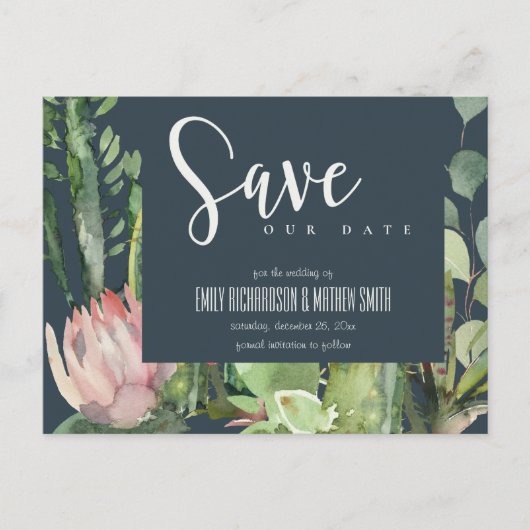 ネイビーピンクのフローラ砂漠のCACTI動物の日付を保存 案内ポストカード (正面)