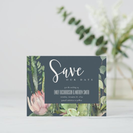 ネイビーピンクのフローラ砂漠のCACTI動物の日付を保存 案内ポストカード (スタンド正面)