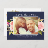 ネイビーピンクの水彩花の写真を保存日付 案内ポストカード (正面/裏面)