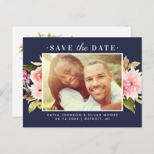 ネイビーピンクの水彩花の写真を保存日付 案内ポストカード (正面/裏面)