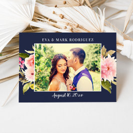 ネイビーピンクの水彩花の結婚式の写真 サンキューカード