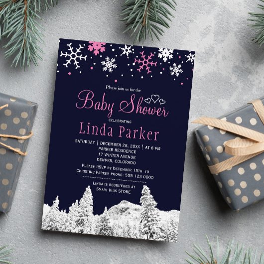 ネイビーピンクの白いワンダーランド冬の赤ちゃんシャワー 招待状