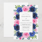 ネイビーピンクの豪華な夏の結婚式 招待状 (正面/裏面)