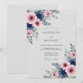 ネイビーピンクの贅沢な春の結婚式 招待状 (正面/裏面)