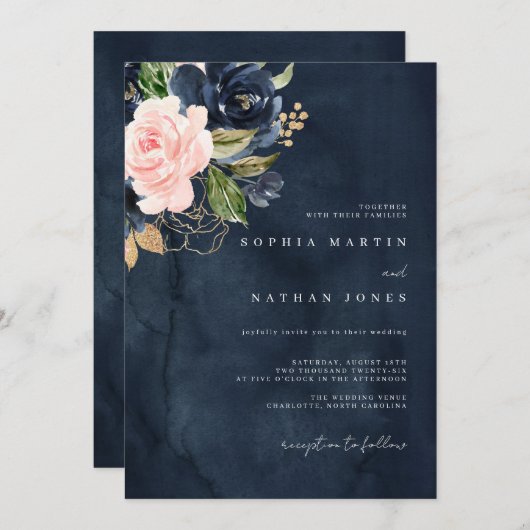 ネイビーピンクエレガントウォーター花模様結婚ズ 招待状 (正面/裏面)