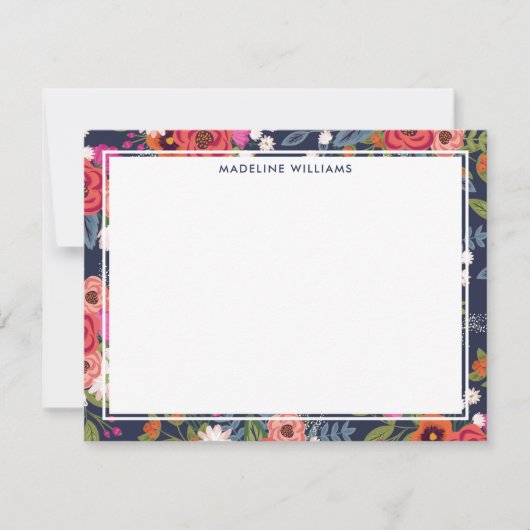 ネイビーピンクオレンジボー縁どホフローラ ノートカード (正面)