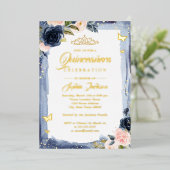 ネイビーピンクキンセアニェラフローラスパークルティアラフォイル 箔招待状 (立ち正面)