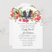 ネイビーピンクコーラルロベバードフォレストフェアレ結婚ーテル 招待状 (正面/裏面)