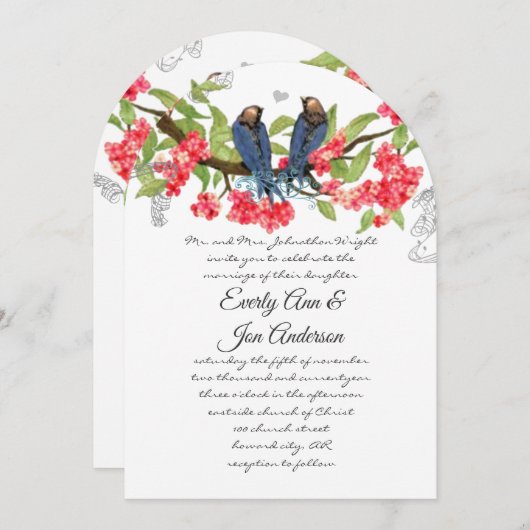 ネイビーピンクコーラルロベバードフォレストフェアレ結婚ーテル 招待状 (正面/裏面)