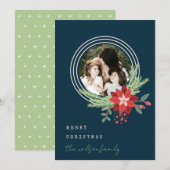 ネイビーピンクサークルクリスマスフォトポインセチアフローラ シーズンカード (正面/裏面)