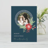 ネイビーピンクサークルクリスマスフォトポインセチアフローラ シーズンカード (スタンド正面)