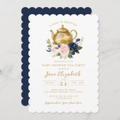 ネイビーピンクティーパーティーベビーは赤ちゃんシャワーを醸造している 招待状 (正面/裏面)