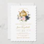 ネイビーピンクティーパーティーベビーは赤ちゃんシャワーを醸造している 招待状 (正面)