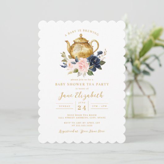 ネイビーピンクティーパーティーベビーは赤ちゃんシャワーを醸造している 招待状 (スタンド正面)