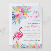 ネイビーピンクトロピカルワイルドフォレストフラワー誕生日 招待状 (正面)