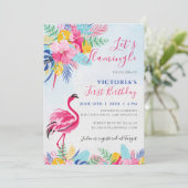 ネイビーピンクトロピカルワイルドフォレストフラワー誕生日 招待状 (スタンド正面)