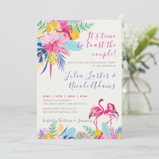 ネイビーピンクトロピカルワイルドフォレスト婚約パーティ 招待状 (スタンド正面)