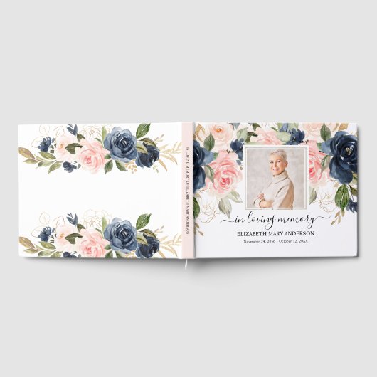 ネイビーピンクフォト悔やみや弔慰葬儀の水彩 ゲストブック (全面)