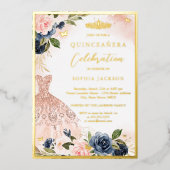 ネイビーピンクフローラティアラドレエレガントスキンセアニェラ 箔招待状 (正面)