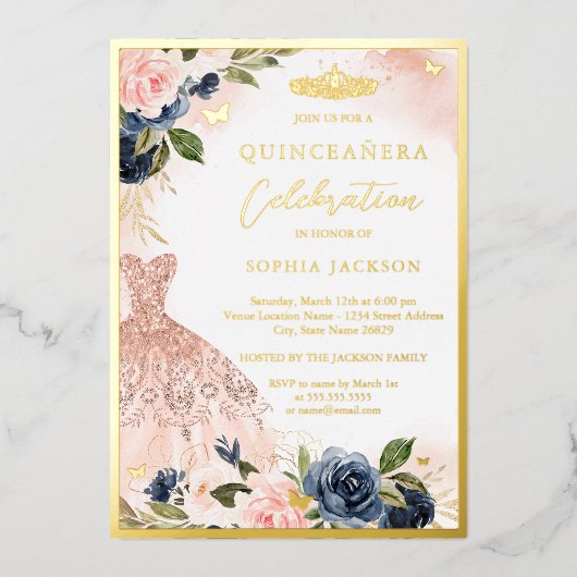 ネイビーピンクフローラティアラドレエレガントスキンセアニェラ 箔招待状 (正面)