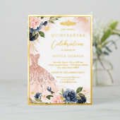 ネイビーピンクフローラティアラドレエレガントスキンセアニェラ 箔招待状 (立ち正面)