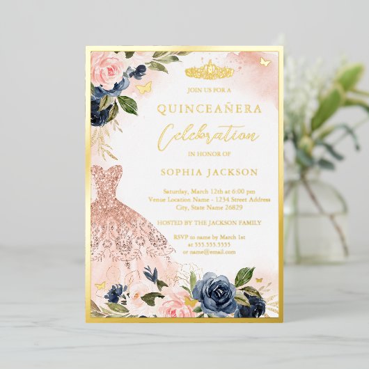 ネイビーピンクフローラティアラドレエレガントスキンセアニェラ 箔招待状 (立ち正面)