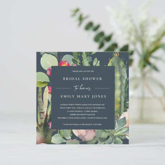 ネイビーピンクフローラデザートカッティ動物相ブライダルシャワー 招待状 (スタンド正面)