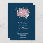 ネイビーピンクフローラフレーム水結婚色 招待状 (正面/裏面)