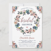 ネイビーピンクフローラリースバラ金ゴールドブライダルシャワー 招待状 (正面)