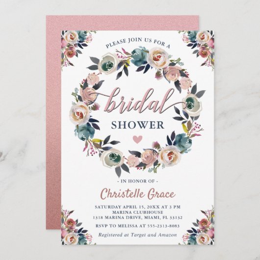 ネイビーピンクフローラリースバラ金ゴールドブライダルシャワー 招待状 (正面/裏面)