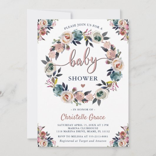 ネイビーピンクフローラリース男女兼用ベビーシャワー 招待状 (正面)
