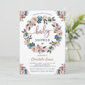 ネイビーピンクフローラリース男女兼用ベビーシャワー 招待状 (スタンド正面)