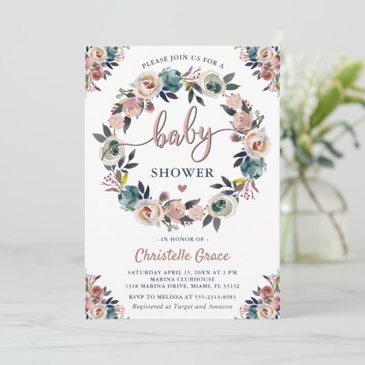 ネイビーピンクフローラリース男女兼用ベビーシャワー 招待状 (スタンド正面)