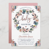 ネイビーピンクフローラリース男女兼用ベビーシャワー 招待状 (正面/裏面)
