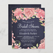 ネイビーピンクフローラ予算ブライダルシャワー招待 (正面/裏面)