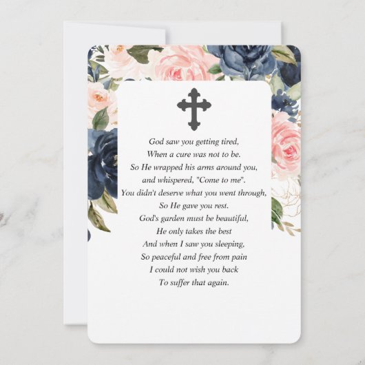 ネイビーピンクフローラ水彩葬儀祈りの言葉カード サンキューカード (裏面)