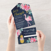 ネイビーピンクフローラ熱帯フラミンゴベビーシャワー オールインワン招待状 (貼ってはがせる)