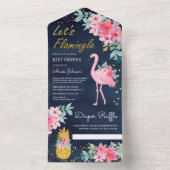 ネイビーピンクフローラ熱帯フラミンゴベビーシャワー オールインワン招待状 (内側)