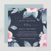 ネイビーピンクブルーフローラ水彩赤ちゃんシャワー 招待状 (正面/裏面)