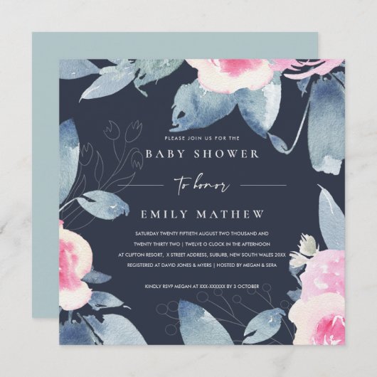 ネイビーピンクブルーフローラ水彩赤ちゃんシャワー 招待状 (正面/裏面)