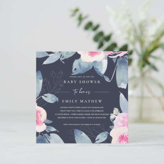 ネイビーピンクブルーフローラ水彩赤ちゃんシャワー 招待状 (スタンド正面)